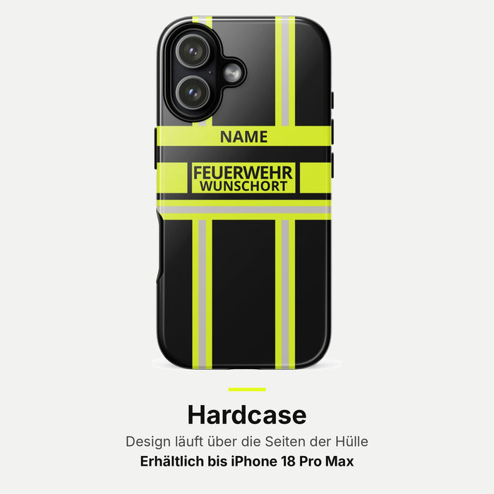 Feuerwehr Handyhülle iPhone® Hardcase Schwarz/Leuchtgelb mit Name und Wunschort – iPhone 17 / 17 Air / 17 Pro / 17 Pro Max