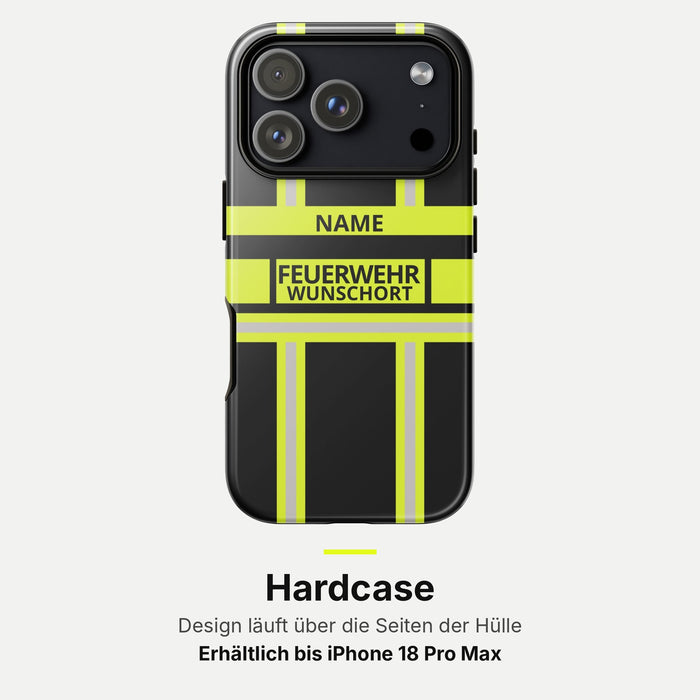 Feuerwehr Handyhülle iPhone® Hardcase Schwarz/Leuchtgelb mit Name und Wunschort – iPhone 18 Pro / 18 Pro Max