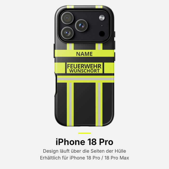 Feuerwehr Handyhülle iPhone® Hardcase Schwarz/Leuchtgelb mit Name und Wunschort – iPhone 18 Pro / 18 Pro Max