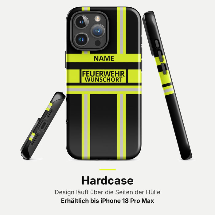 Feuerwehr Handyhülle iPhone® Hardcase Schwarz/Leuchtgelb mit Name und Wunschort – Rundumansicht