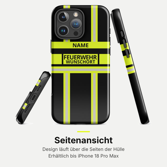 Feuerwehr Handyhülle iPhone® Hardcase Schwarz/Leuchtgelb mit Name und Wunschort – Seitenansicht