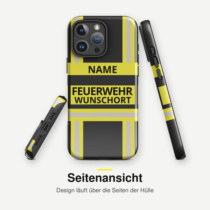 Feuerwehr Handyhülle iPhone® Hardcase Schwarz/Gelb mit Name und Wunschort – Seitenansicht