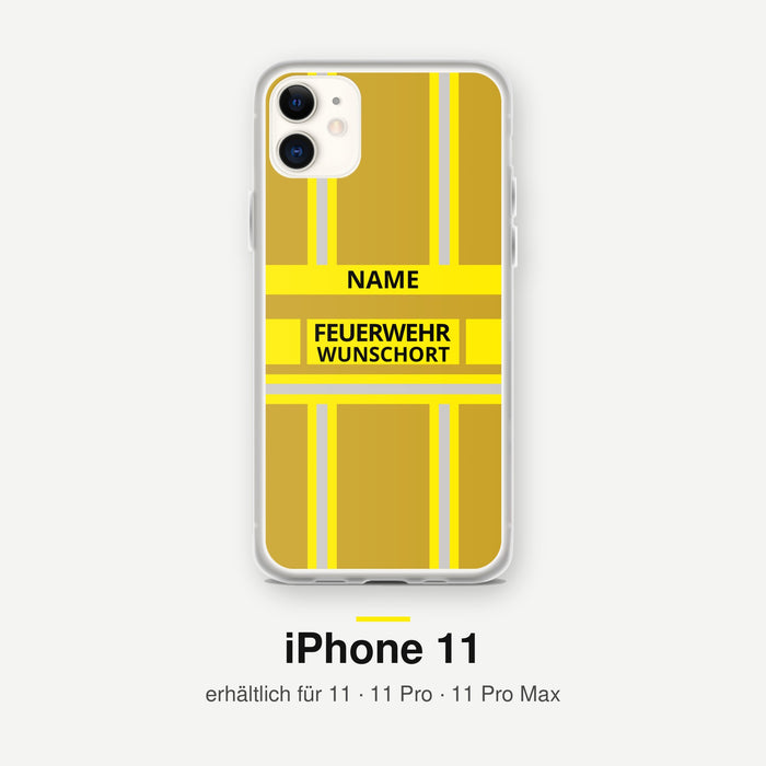 Feuerwehr Handyhülle iPhone® transparent Gold/Gelb mit Name und Wunschort – iPhone 11 / 11 Pro / 11 Pro Max