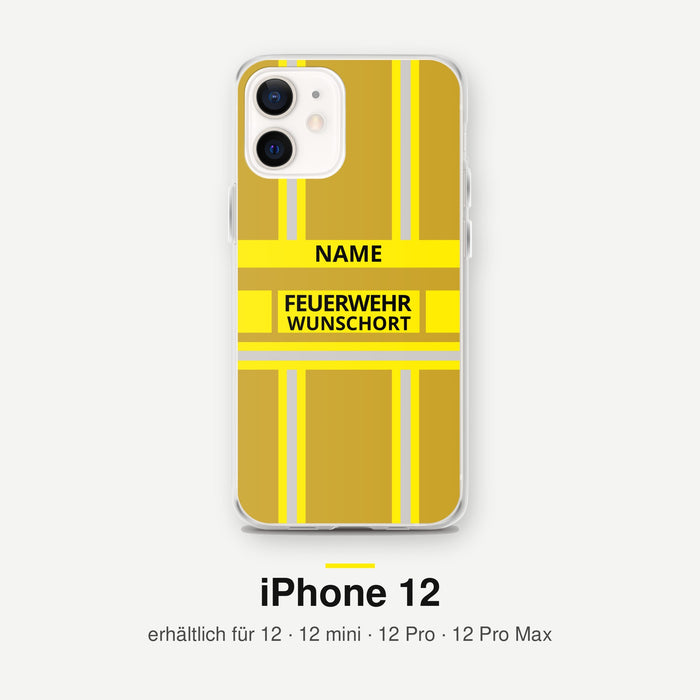Feuerwehr Handyhülle iPhone® transparent Gold/Gelb mit Name und Wunschort – iPhone 12 / 12 mini / 12 Pro / 12 Pro Max