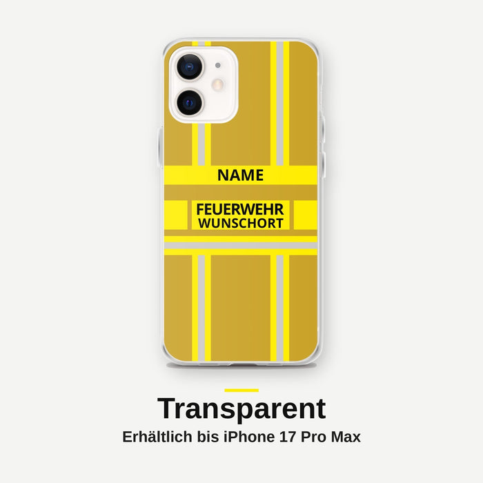 Feuerwehr Handyhülle iPhone® transparent Gold/Gelb mit Name und Wunschort – iPhone 12 / 12 mini / 12 Pro / 12 Pro Max
