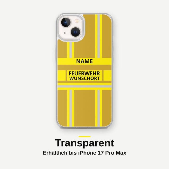 Feuerwehr Handyhülle iPhone® transparent Gold/Gelb mit Name und Wunschort – iPhone 13 / 13 mini / 13 Pro / 13 Pro Max