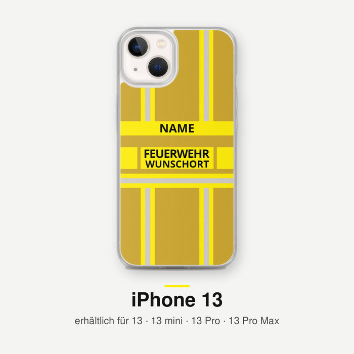 Feuerwehr Handyhülle iPhone® transparent Gold/Gelb mit Name und Wunschort – iPhone 13 / 13 mini / 13 Pro / 13 Pro Max