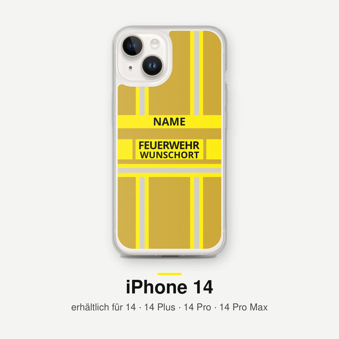 Feuerwehr Handyhülle iPhone® transparent Gold/Gelb mit Name und Wunschort – iPhone 14 / 14 Plus / 14 Pro / 14 Pro Max