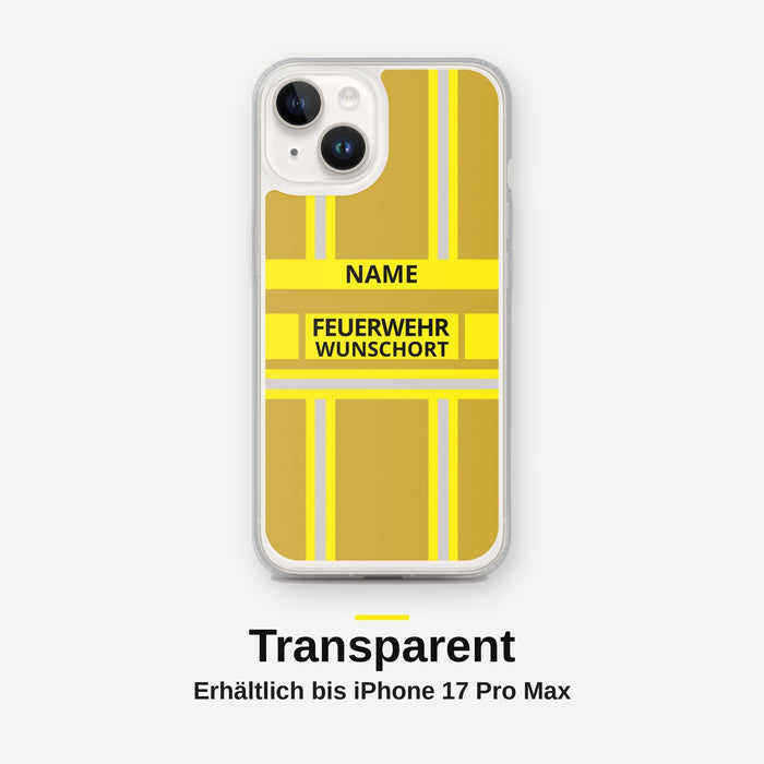 Feuerwehr Handyhülle iPhone® transparent Gold/Gelb mit Name und Wunschort – iPhone 14 / 14 Plus / 14 Pro / 14 Pro Max