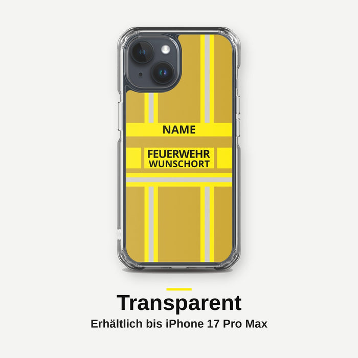 Feuerwehr Handyhülle iPhone® transparent Gold/Gelb mit Name und Wunschort – iPhone 15 / 15 Plus / 15 Pro / 15 Pro Max