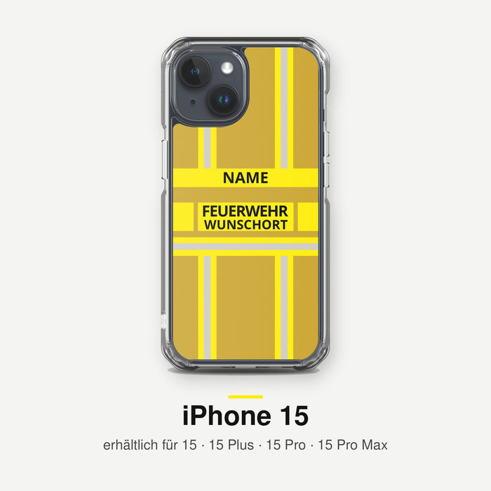 Feuerwehr Handyhülle iPhone® transparent Gold/Gelb mit Name und Wunschort – iPhone 15 / 15 Plus / 15 Pro / 15 Pro Max