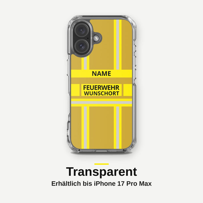 Feuerwehr Handyhülle iPhone® transparent Gold/Gelb mit Name und Wunschort – iPhone 16 / 16 Plus / 16 Pro / 16 Pro Max
