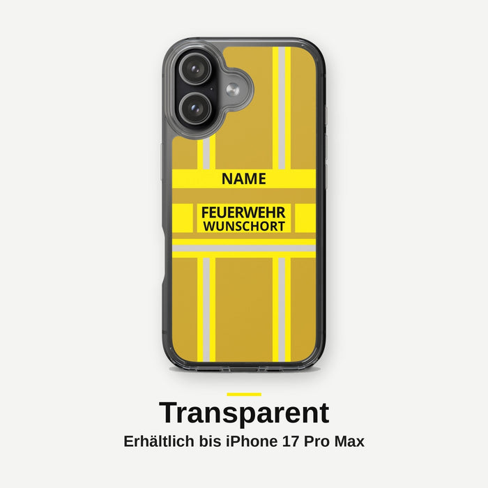 Feuerwehr Handyhülle iPhone® transparent Gold/Gelb mit Name und Wunschort – iPhone 17 / 17 Air / 17 Pro / 17 Pro Max