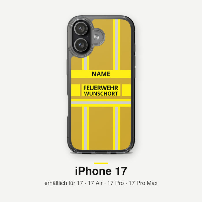 Feuerwehr Handyhülle iPhone® transparent Gold/Gelb mit Name und Wunschort – iPhone 17 / 17 Air / 17 Pro / 17 Pro Max