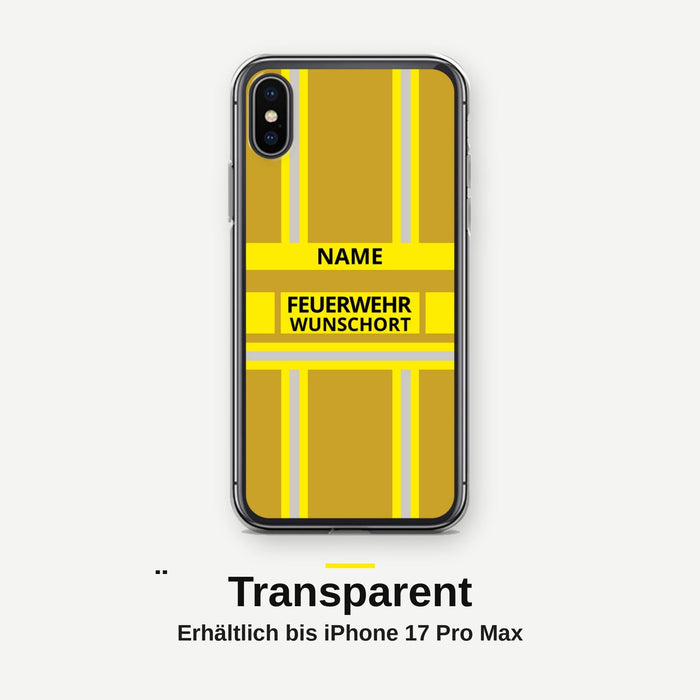 Feuerwehr Handyhülle iPhone® transparent Gold/Gelb mit Name und Wunschort – ältere iPhone-Modelle (7/8, SE, X/XS, XR)