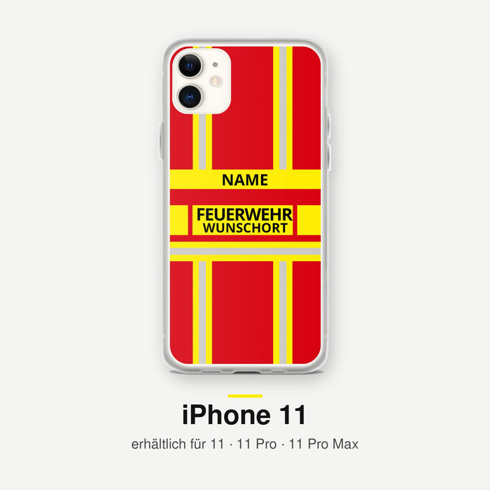 Feuerwehr Handyhülle iPhone® transparent Rot/Gelb mit Name und Wunschort – iPhone 11 / 11 Pro / 11 Pro Max