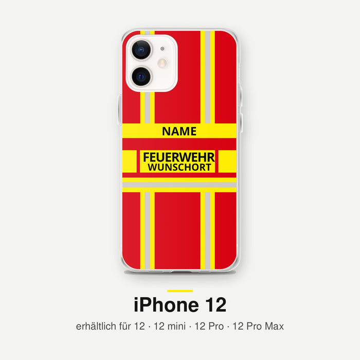 Feuerwehr Handyhülle iPhone® transparent Rot/Gelb mit Name und Wunschort – iPhone 12 / 12 mini / 12 Pro / 12 Pro Max