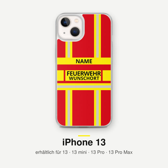 Feuerwehr Handyhülle iPhone® transparent Rot/Gelb mit Name und Wunschort – iPhone 13 / 13 mini / 13 Pro / 13 Pro Max