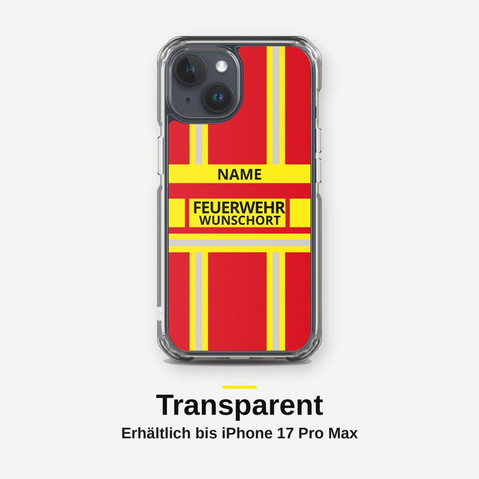 Feuerwehr Handyhülle iPhone® transparent Rot/Gelb mit Name und Wunschort – iPhone 15 / 15 Plus / 15 Pro / 15 Pro Max