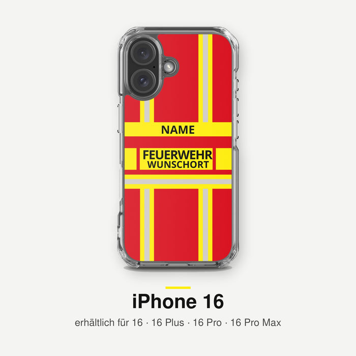 Feuerwehr Handyhülle iPhone® transparent Rot/Gelb mit Name und Wunschort – iPhone 16 / 16 Plus / 16 Pro / 16 Pro Max