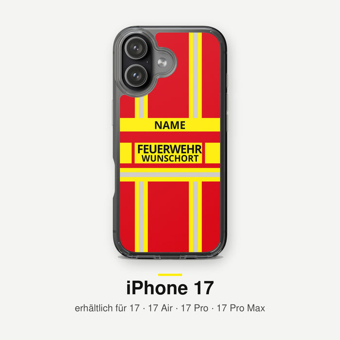Feuerwehr Handyhülle iPhone® transparent Rot/Gelb mit Name und Wunschort – iPhone 17 / 17 Air / 17 Pro / 17 Pro Max