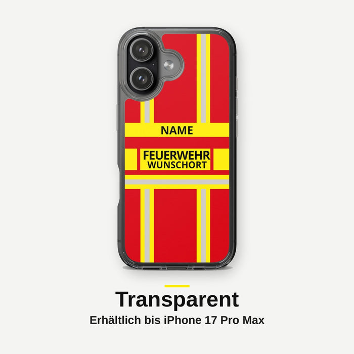 Feuerwehr Handyhülle iPhone® transparent Rot/Gelb mit Name und Wunschort – iPhone 17 / 17 Air / 17 Pro / 17 Pro Max