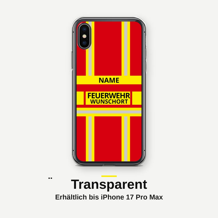 Feuerwehr Handyhülle iPhone® transparent Rot/Gelb mit Name und Wunschort – ältere iPhone-Modelle (7/8, SE, X/XS, XR)