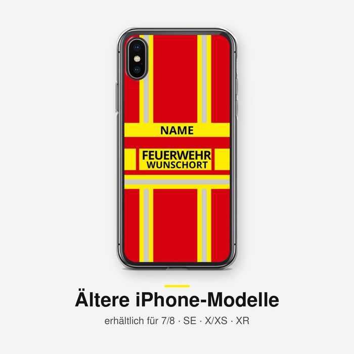 Feuerwehr Handyhülle iPhone® transparent Rot/Gelb mit Name und Wunschort – ältere iPhone-Modelle (7/8, SE, X/XS, XR)