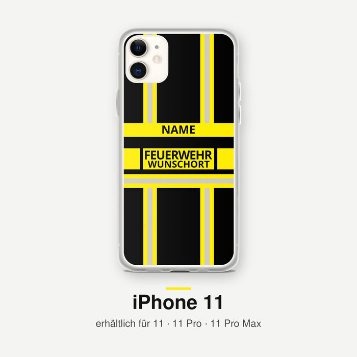 Feuerwehr Handyhülle iPhone® transparent Schwarz/Gelb mit Name und Wunschort – iPhone 11 / 11 Pro / 11 Pro Max
