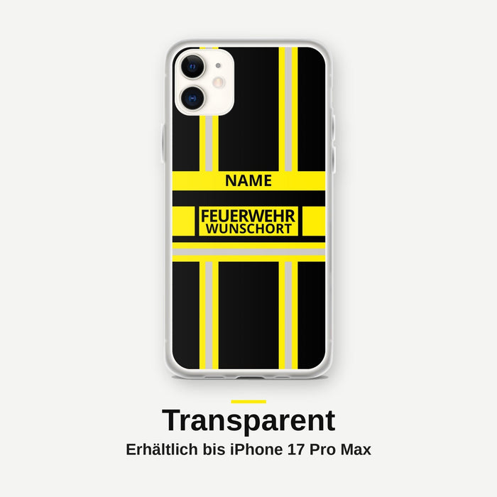 Feuerwehr Handyhülle iPhone® transparent Schwarz/Gelb mit Name und Wunschort – iPhone 11 / 11 Pro / 11 Pro Max