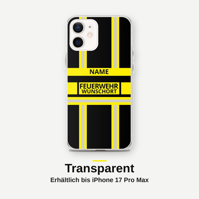Feuerwehr Handyhülle iPhone® transparent Schwarz/Gelb mit Name und Wunschort – iPhone 12 / 12 mini / 12 Pro / 12 Pro Max