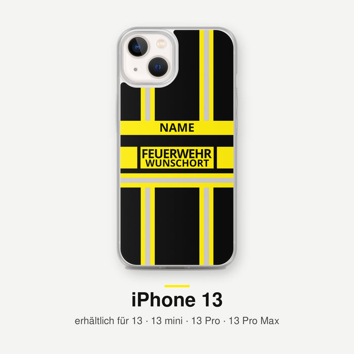 Feuerwehr Handyhülle iPhone® transparent Schwarz/Gelb mit Name und Wunschort – iPhone 13 / 13 mini / 13 Pro / 13 Pro Max