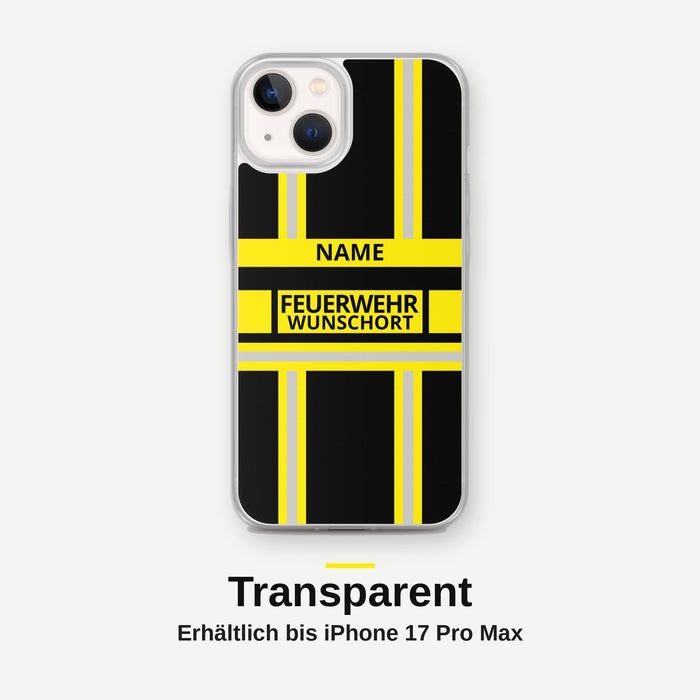 Feuerwehr Handyhülle iPhone® transparent Schwarz/Gelb mit Name und Wunschort – iPhone 13 / 13 mini / 13 Pro / 13 Pro Max