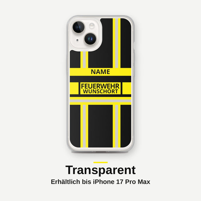 Feuerwehr Handyhülle iPhone® transparent Schwarz/Gelb mit Name und Wunschort – iPhone 14 / 14 Plus / 14 Pro / 14 Pro Max