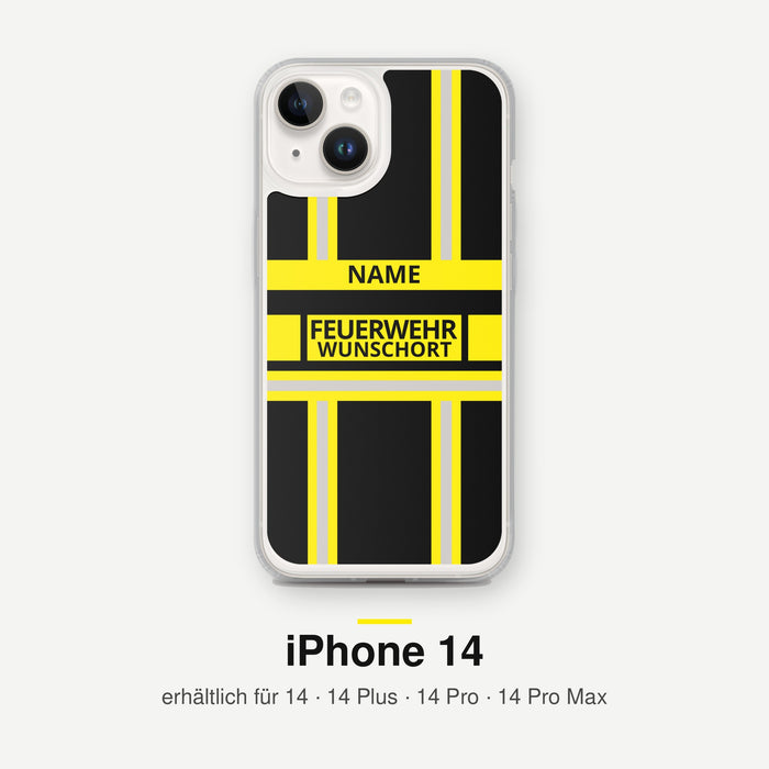 Feuerwehr Handyhülle iPhone® transparent Schwarz/Gelb mit Name und Wunschort – iPhone 14 / 14 Plus / 14 Pro / 14 Pro Max