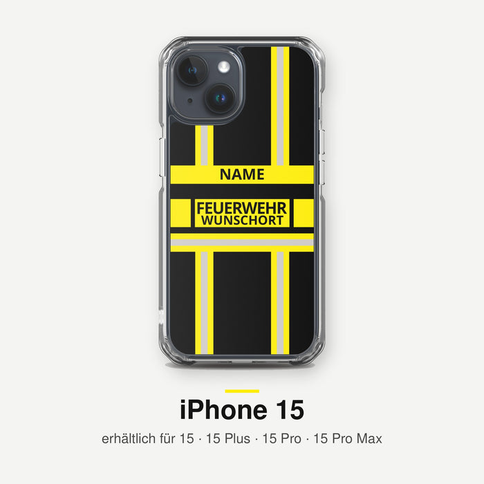 Feuerwehr Handyhülle iPhone® transparent Schwarz/Gelb mit Name und Wunschort – iPhone 15 / 15 Plus / 15 Pro / 15 Pro Max