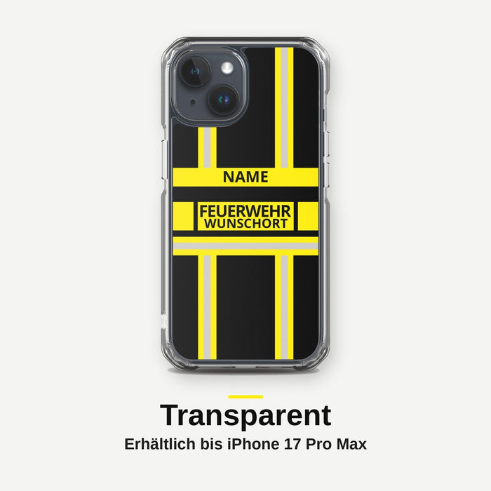 Feuerwehr Handyhülle iPhone® transparent Schwarz/Gelb mit Name und Wunschort – iPhone 15 / 15 Plus / 15 Pro / 15 Pro Max