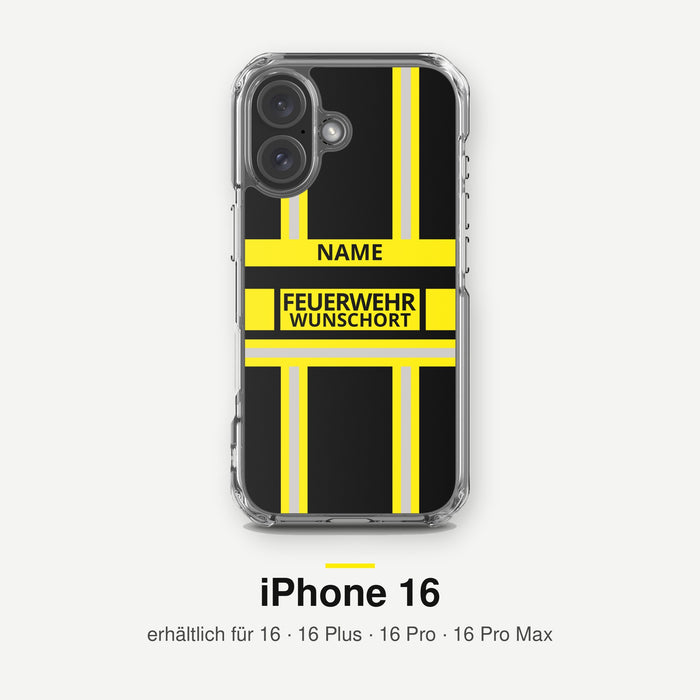 Feuerwehr Handyhülle iPhone® transparent Schwarz/Gelb mit Name und Wunschort – iPhone 16 / 16 Plus / 16 Pro / 16 Pro Max