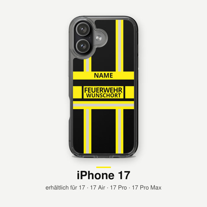 Feuerwehr Handyhülle iPhone® transparent Schwarz/Gelb mit Name und Wunschort – iPhone 17 / 17 Air / 17 Pro / 17 Pro Max