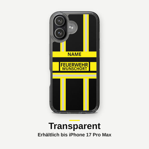 Feuerwehr Handyhülle iPhone® transparent Schwarz/Gelb mit Name und Wunschort – iPhone 17 / 17 Air / 17 Pro / 17 Pro Max