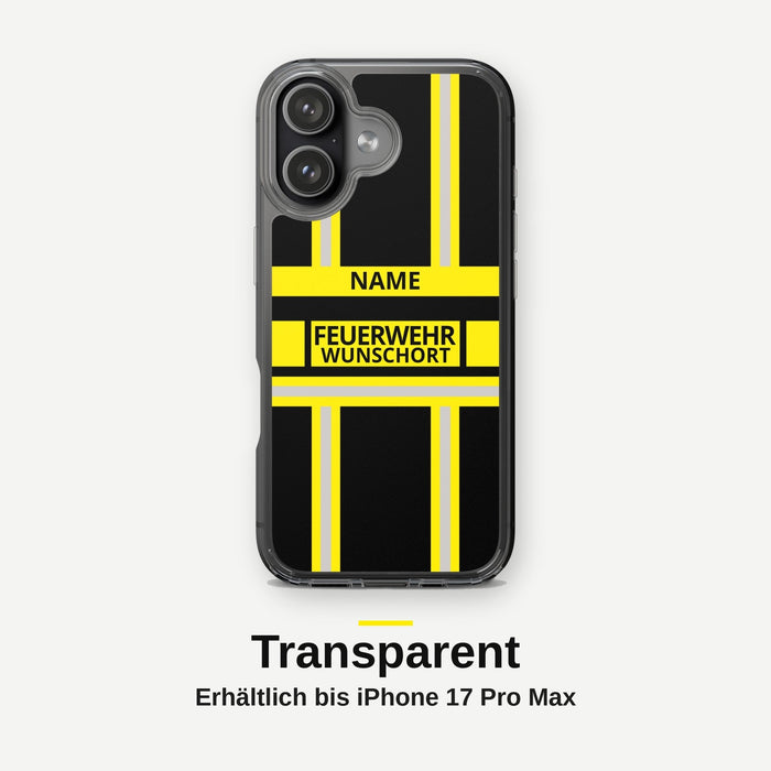Feuerwehr Handyhülle iPhone® transparent Schwarz/Gelb mit Name und Wunschort – iPhone 17 / 17 Air / 17 Pro / 17 Pro Max