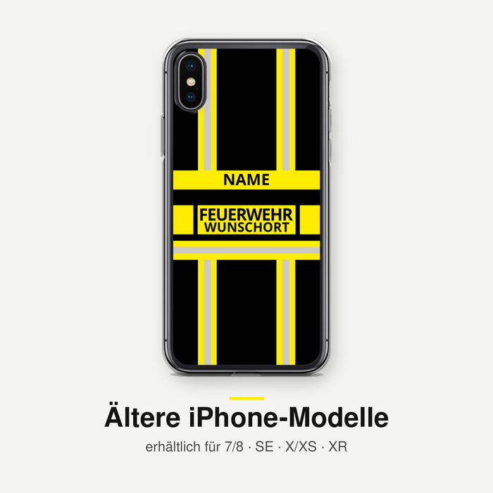 Feuerwehr Handyhülle iPhone® transparent Schwarz/Gelb mit Name und Wunschort – ältere iPhone-Modelle (7/8, SE, X/XS, XR)