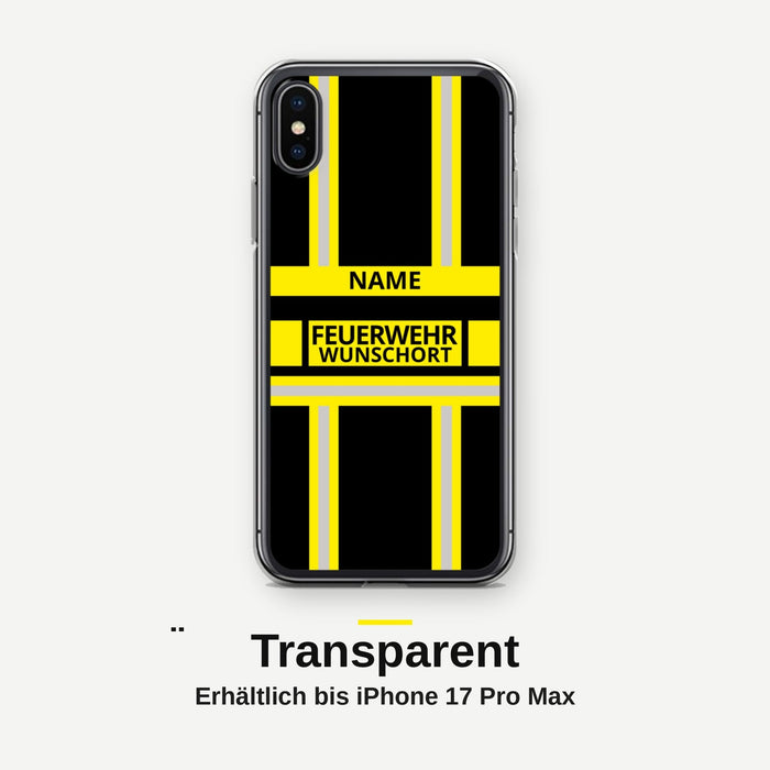 Feuerwehr Handyhülle iPhone® transparent Schwarz/Gelb mit Name und Wunschort – ältere iPhone-Modelle (7/8, SE, X/XS, XR)