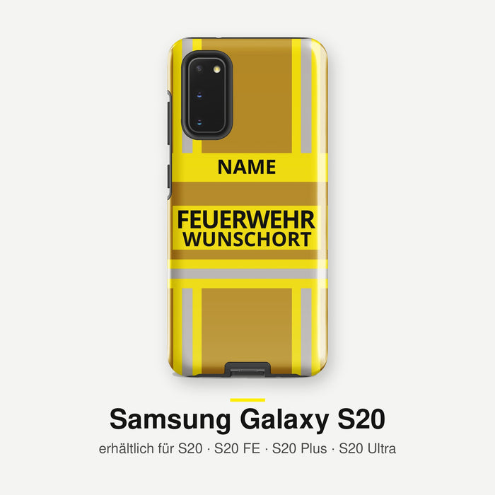 Feuerwehr Handyhülle Samsung® Hardcase Gold/Gelb mit Name und Wunschort – Samsung Galaxy S20 / S20 FE / S20 Plus / S20 Ultra
