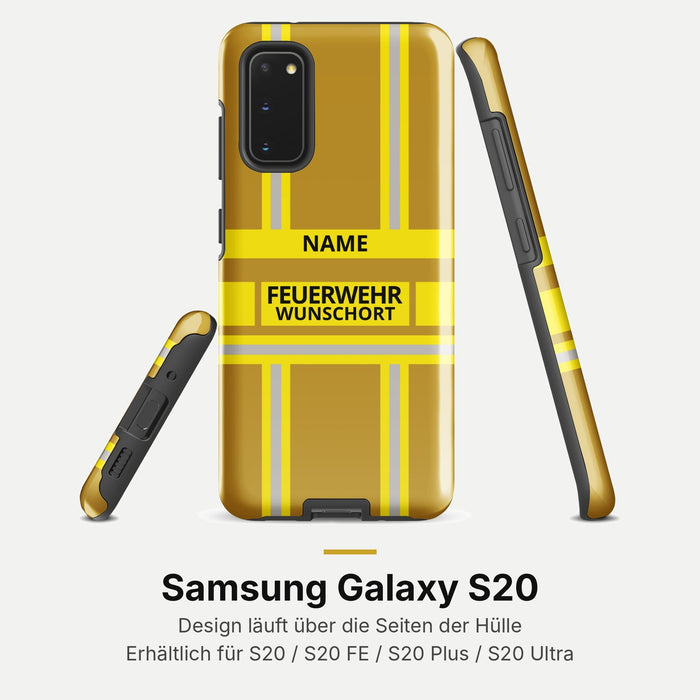 Feuerwehr Handyhülle Samsung® Hardcase Gold/Gelb mit Name und Wunschort – Samsung Galaxy S20 / S20 FE / S20 Plus / S20 Ultra