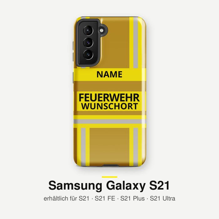 Feuerwehr Handyhülle Samsung® Hardcase Gold/Gelb mit Name und Wunschort – Samsung Galaxy S21 / S21 FE / S21 Plus / S21 Ultra