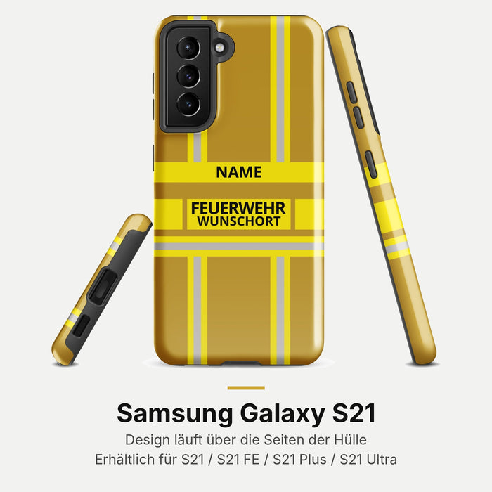 Feuerwehr Handyhülle Samsung® Hardcase Gold/Gelb mit Name und Wunschort – Samsung Galaxy S21 / S21 FE / S21 Plus / S21 Ultra