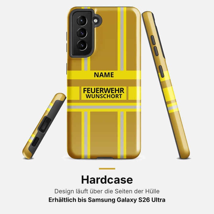 Feuerwehr Handyhülle Samsung® Hardcase Gold/Gelb mit Name und Wunschort – Samsung Galaxy S21 / S21 FE / S21 Plus / S21 Ultra