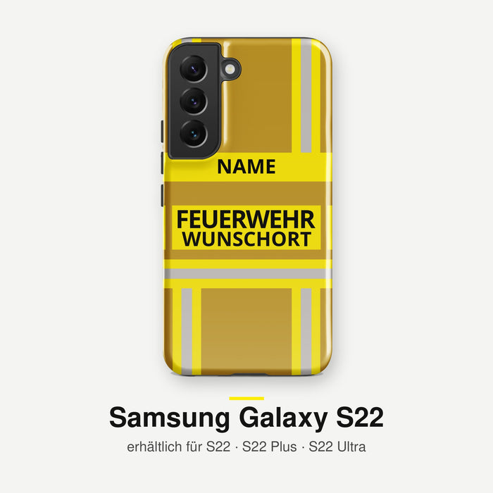 Feuerwehr Handyhülle Samsung® Hardcase Gold/Gelb mit Name und Wunschort – Samsung Galaxy S22 / S22 Plus / S22 Ultra