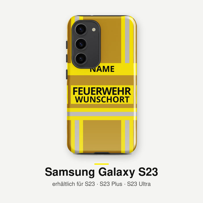 Feuerwehr Handyhülle Samsung® Hardcase Gold/Gelb mit Name und Wunschort – Samsung Galaxy S23 / S23 Plus / S23 Ultra
